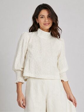 BURU Long Sleeve Mod Top Embroidered 100% Cotton Blouse Women Size XS